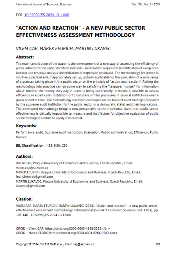 International Journal of Economic Sciences 2024 - ČÁP, Vilém, FEURICH, Marek, LUKAVEC, Martin. „Action and reaction” – a new public sector effectiveness assessment methodology